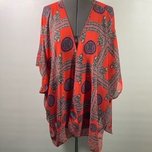 Papermoon Stitch Fix Cover Up Women Size Large Red & Navy Open Front Semi Sheer